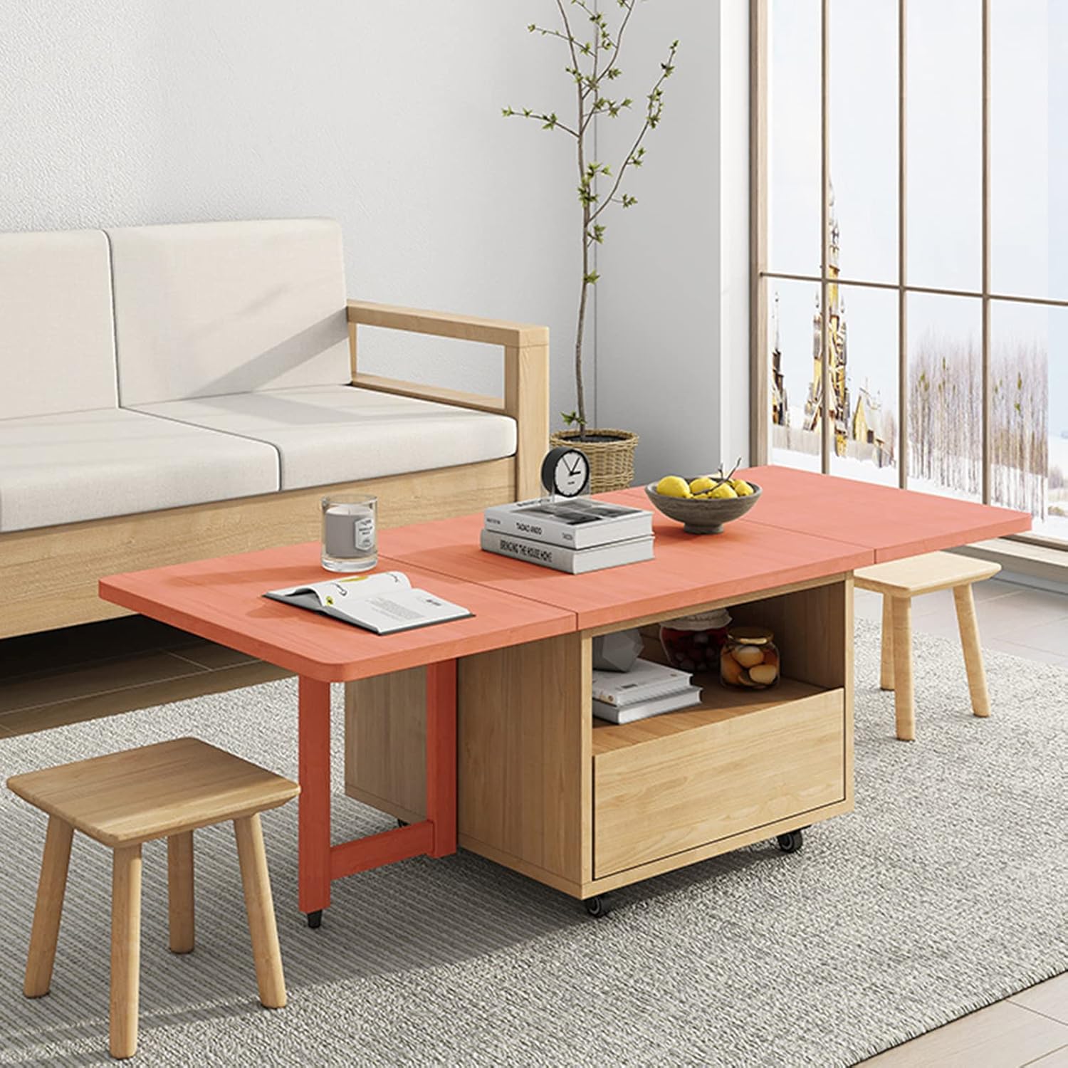 Folding Coffee Table with Rollers, Solid Wood Drop-Leaf Design Z606