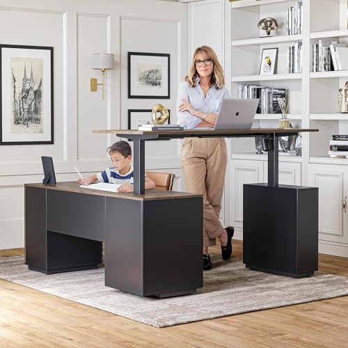 L Shaped Electric Standing Desk with File Cabinet, Black Walnut X736