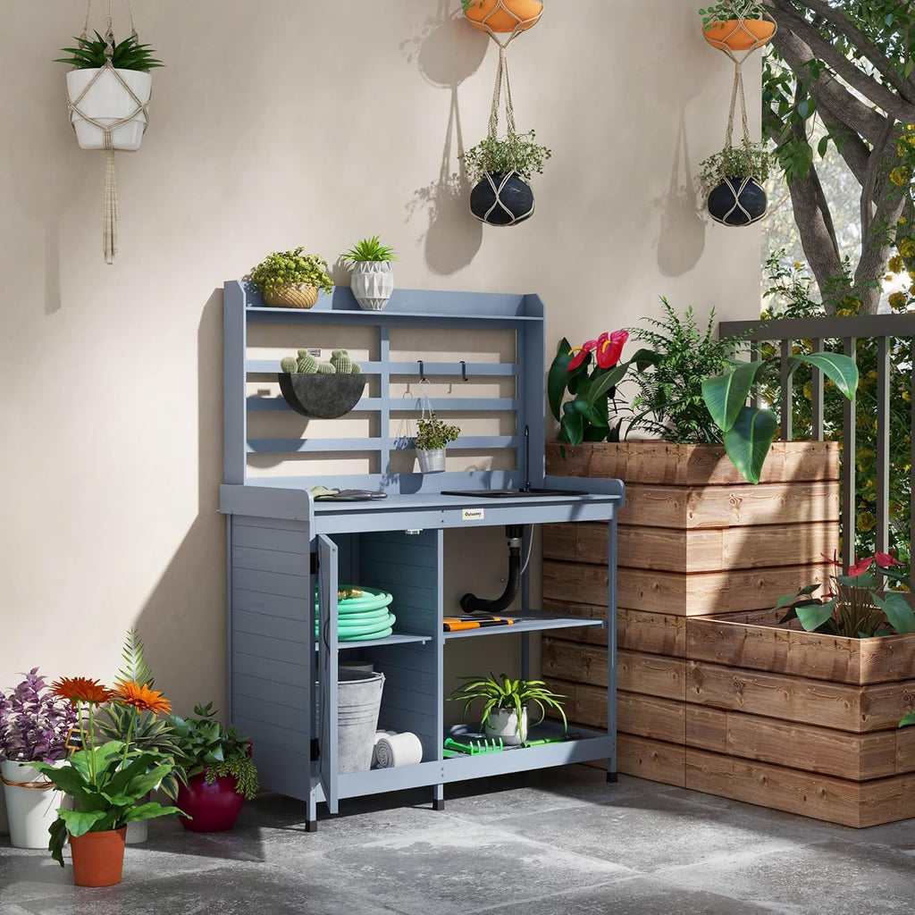 Wooden Potting Bench with Storage Cabinet, Sink and Water Tap, Gray Q931656
