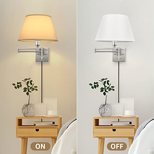Dimmable Plug-in Wall Sconce Set of Two with Swing Arm and Beige Fabric Shade S403894