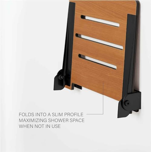 Folding Wall Mount Shower Bench Seat, Rustic Teak Seat with Silver Frame K80649