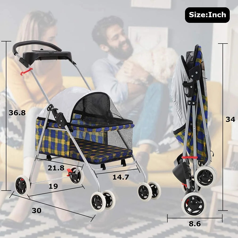 Small Dog Cat Stroller with Cup Holder, Yellow Plaid D993