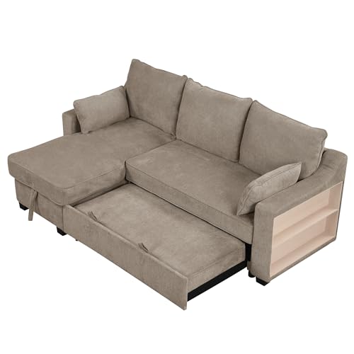 Pull Out Sleeper Sofa Bed with Storage Chaise, L-Shaped, Light Brown G87880