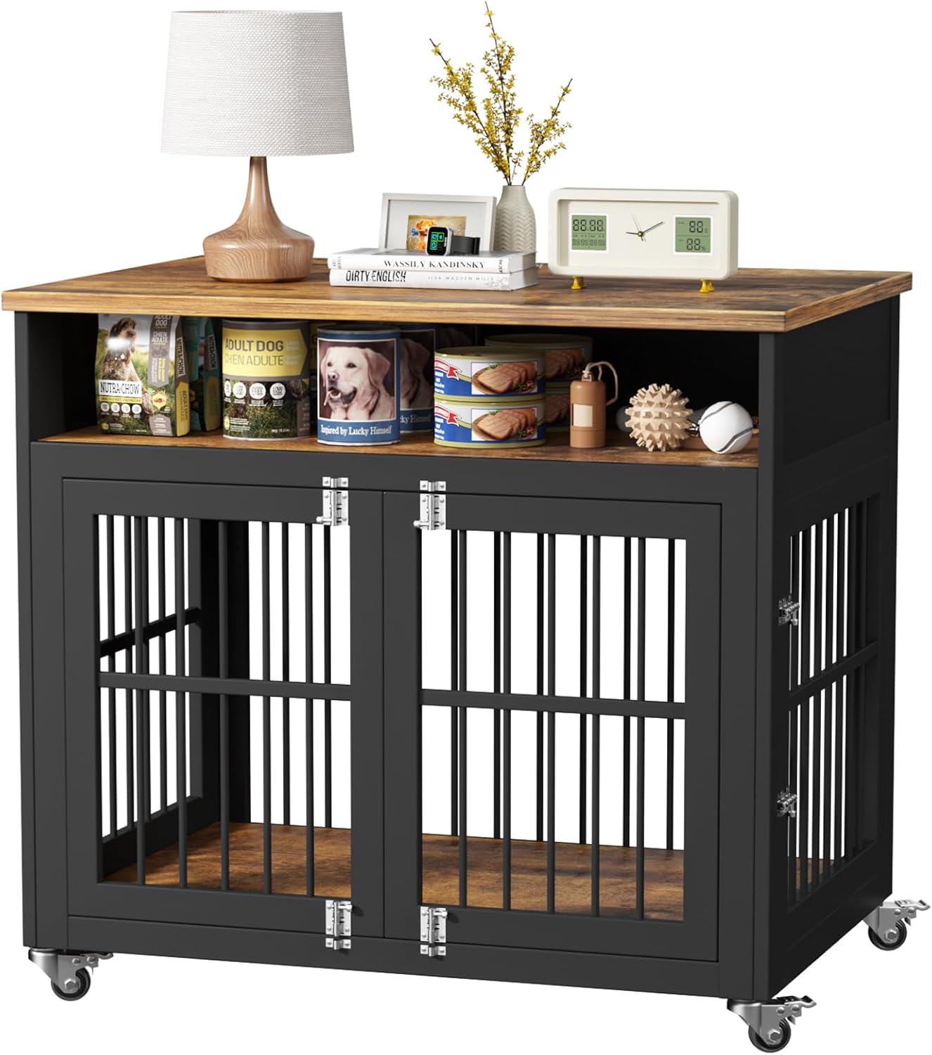 Wooden Dog Crate Indoor with Wheels for Medium and Large Dogs Y48597