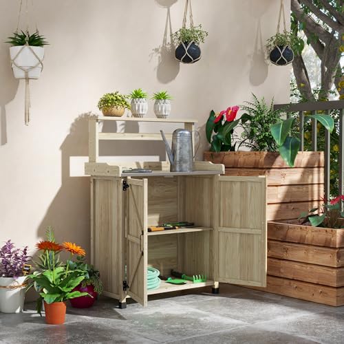 Outdoor Wooden Potting Table with 2 Door Cabinets and Galvanized Top K706