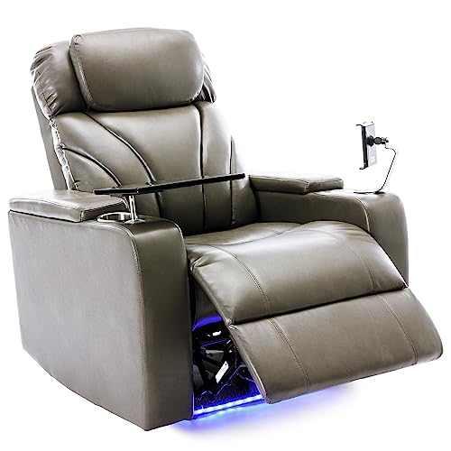 Swivel PU Leather Power Recliner with Tray Table and Cup Holder W437265