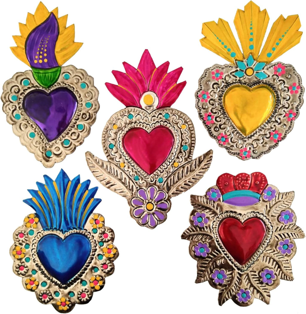 Mexican Tin Hearts 5 Pieces Art Wall Decor 6" Milagros Mexicanos Hand Painted Colorful Metal Charms Folk Art Sacred Craft Mexico Decorations -Handmade Pack of 2
