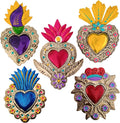 Mexican Tin Hearts 5 Pieces Art Wall Decor 6" Milagros Mexicanos Hand Painted Colorful Metal Charms Folk Art Sacred Craft Mexico Decorations -Handmade Pack of 2