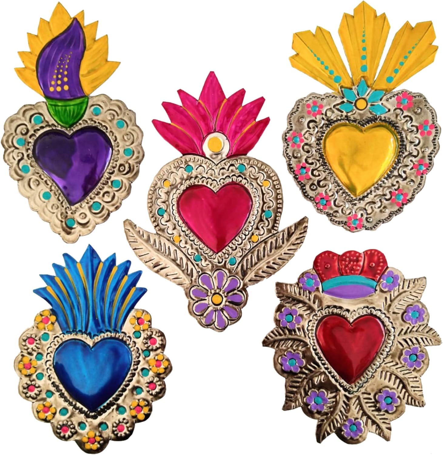 Mexican Tin Hearts 5 Pieces Art Wall Decor 6" Milagros Mexicanos Hand Painted Colorful Metal Charms Folk Art Sacred Craft Mexico Decorations -Handmade Pack of 2