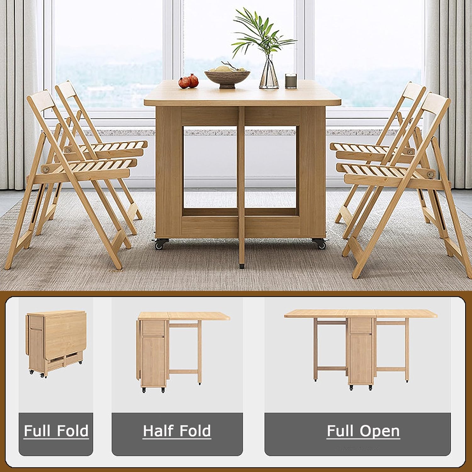 Folding Dining Table with 4 Chairs and Wheels H93552