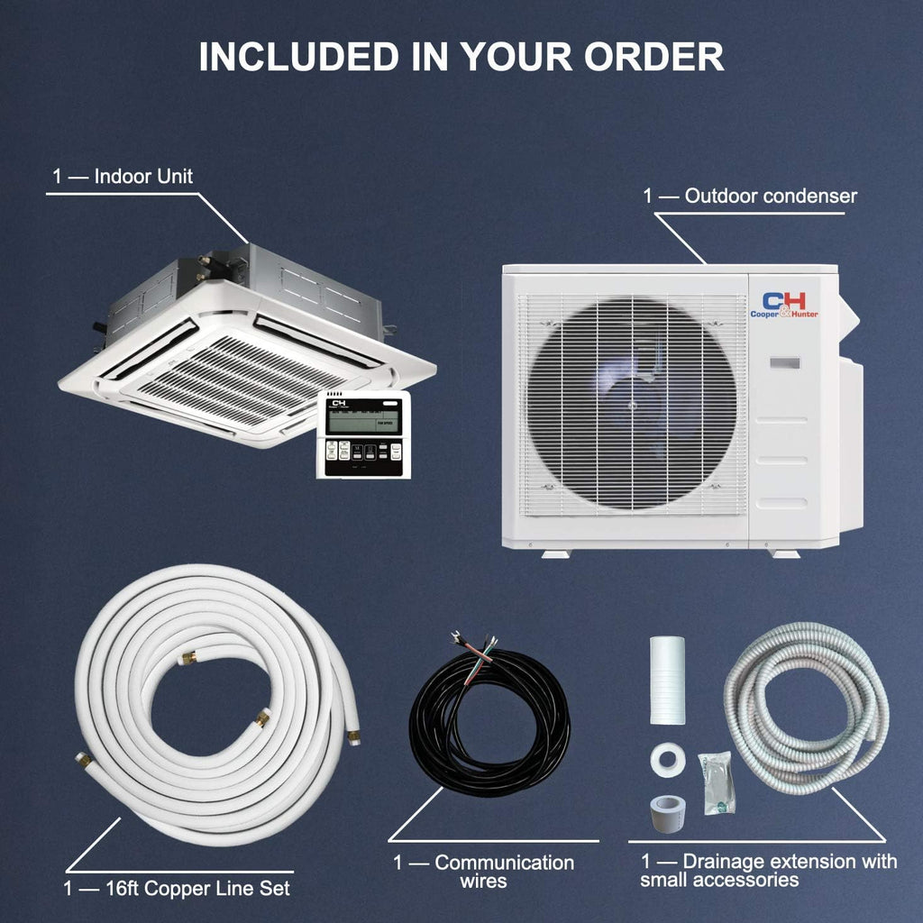 18,000 BTU Ceiling Cassette Ductless Mini Split AC/Heating System with Wall Thermostat B6697