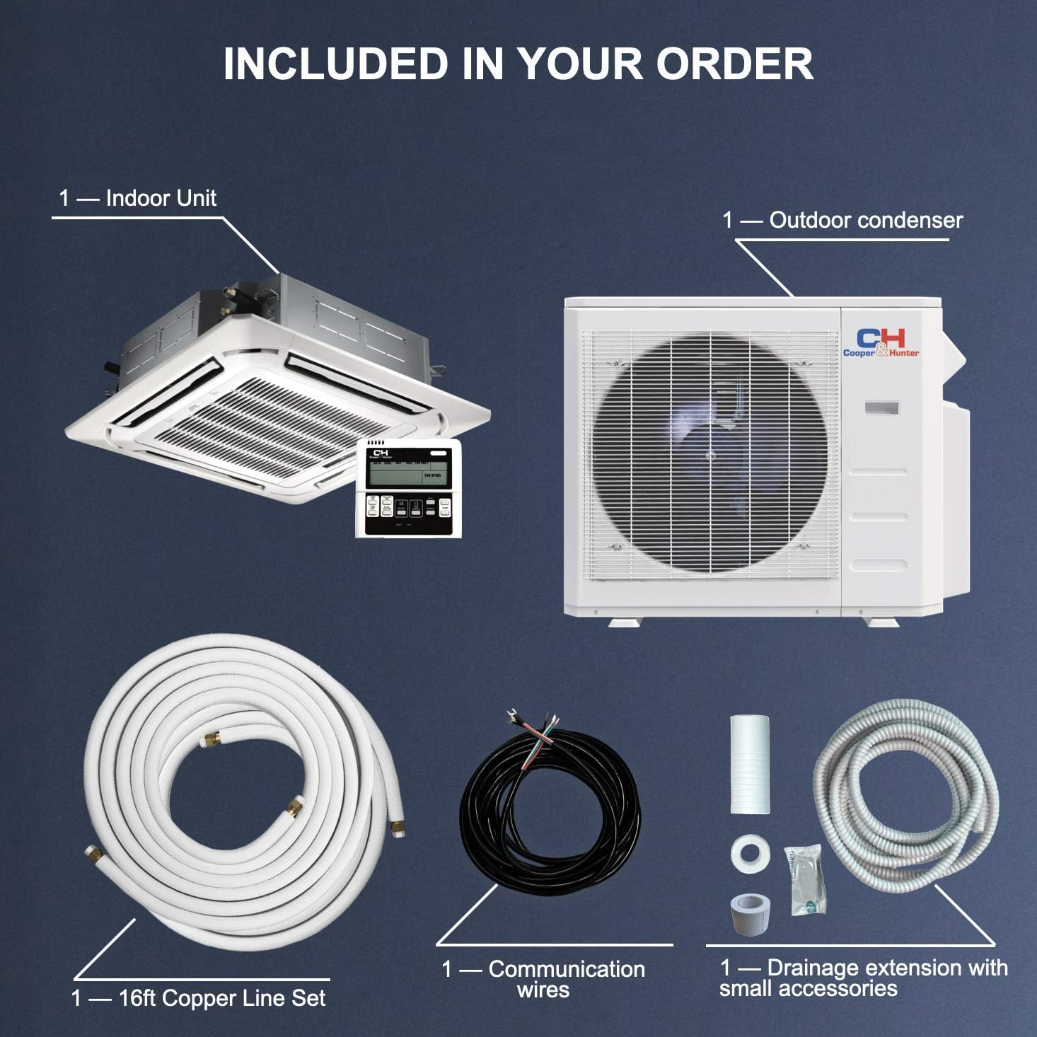 18,000 BTU Ceiling Cassette Ductless Mini Split AC/Heating System with Wall Thermostat B6697