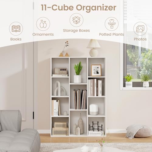 11 Cube Reversible Bookcase, Wooden Freestanding Open Bookshelf with Anti-tip Kits, White H451