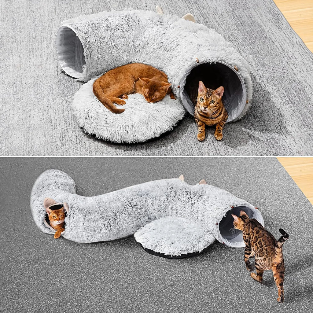 Cat Tunnel with Soft Plush Cat Bed for Indoor Kittens, Grey U77939