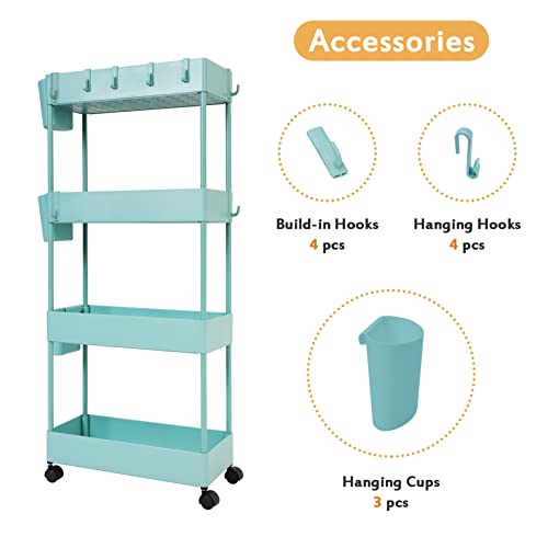 4-Tier Slim Rolling Utility Cart with Mesh Baskets for Narrow Spaces Y775