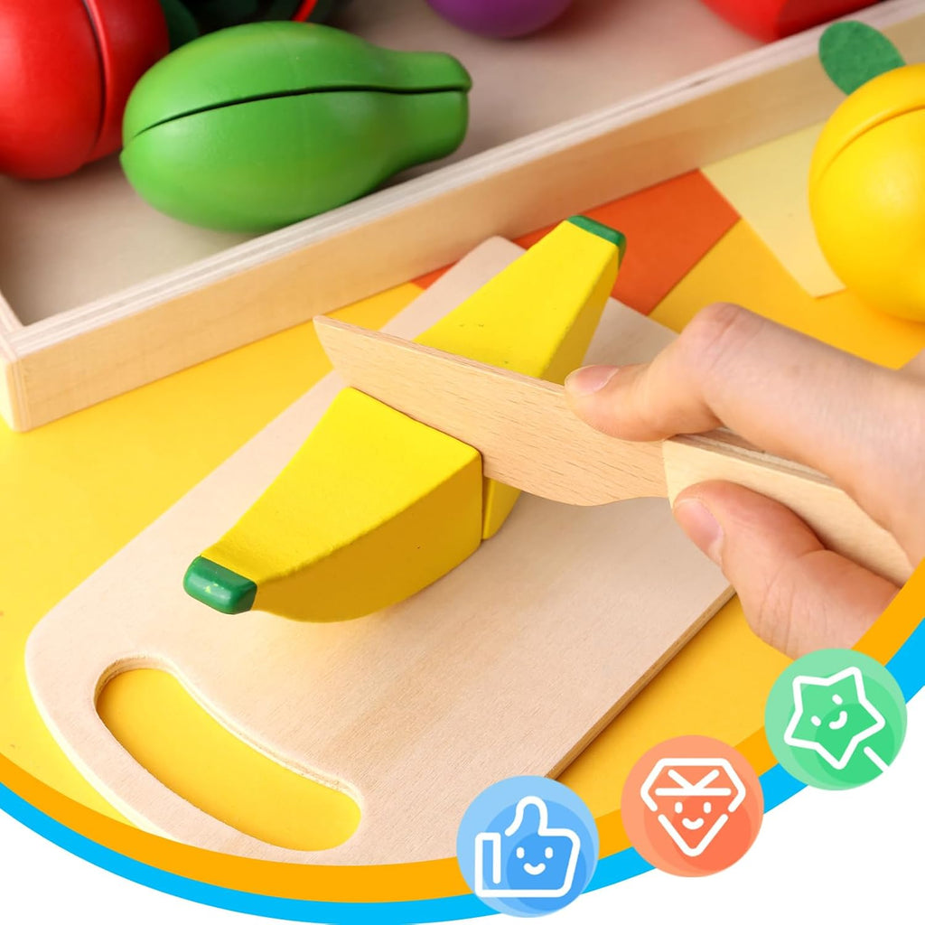 Wooden Play Food Set for Kids Kitchen with Cutting Fruits and Tray G560
