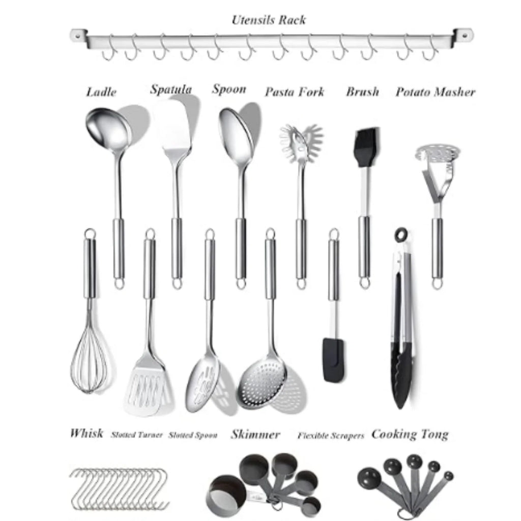 Stainless Steel Kitchen Utensils Set with Holder Rack, 38 Pieces W132747