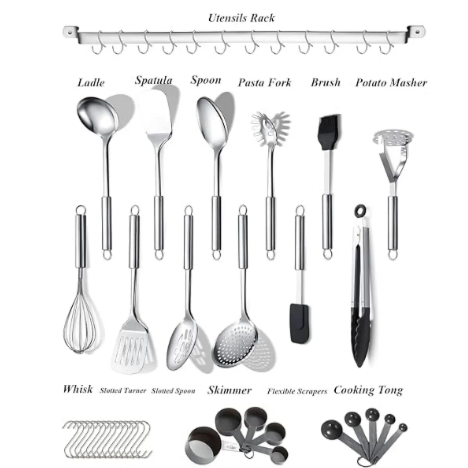 Stainless Steel Kitchen Utensils Set with Holder Rack, 38 Pieces W132747