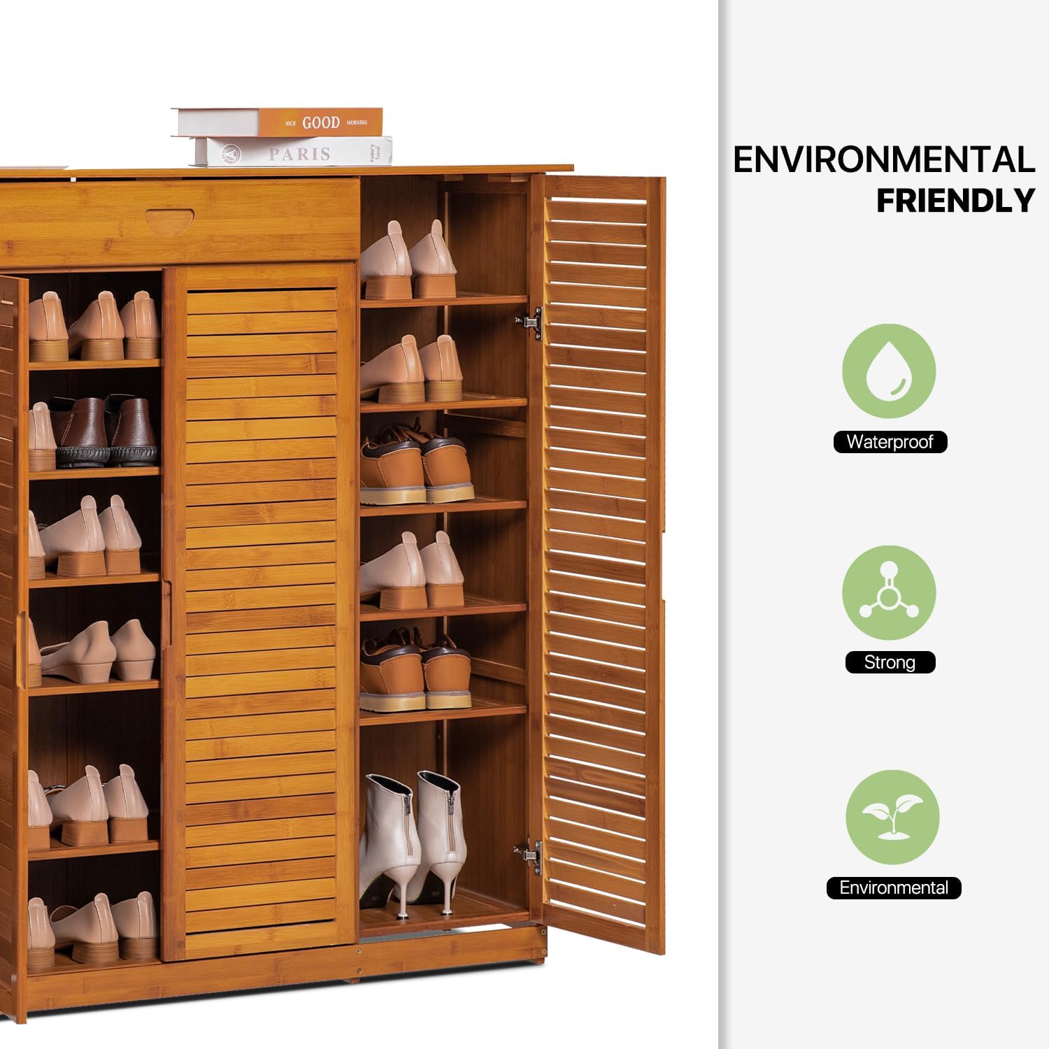 Bamboo 7-Tier Shoe Organizer with Drawer and Boots Holder F207