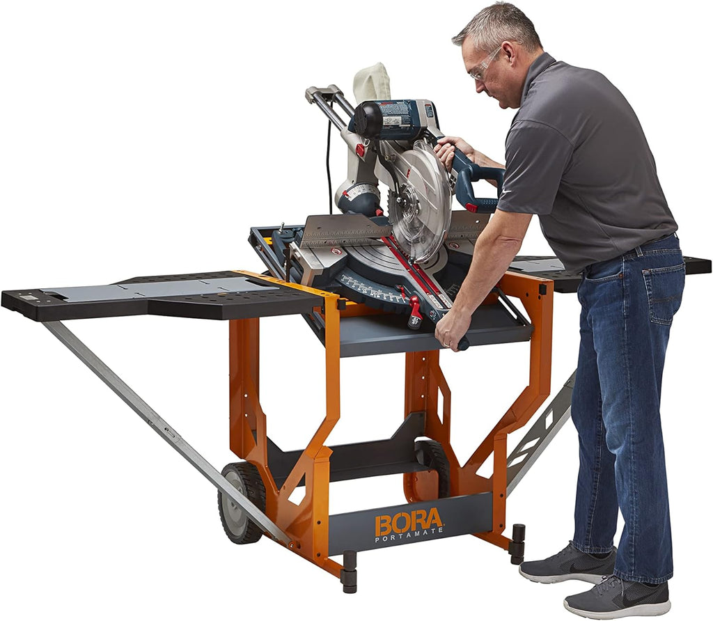 Miter Saw Workstation with Adjustable Pedestal Roller, Mobile Rolling Workbench F267