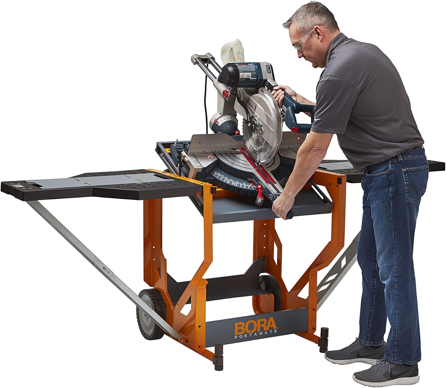 Miter Saw Workstation with Adjustable Pedestal Roller, Mobile Rolling Workbench F267
