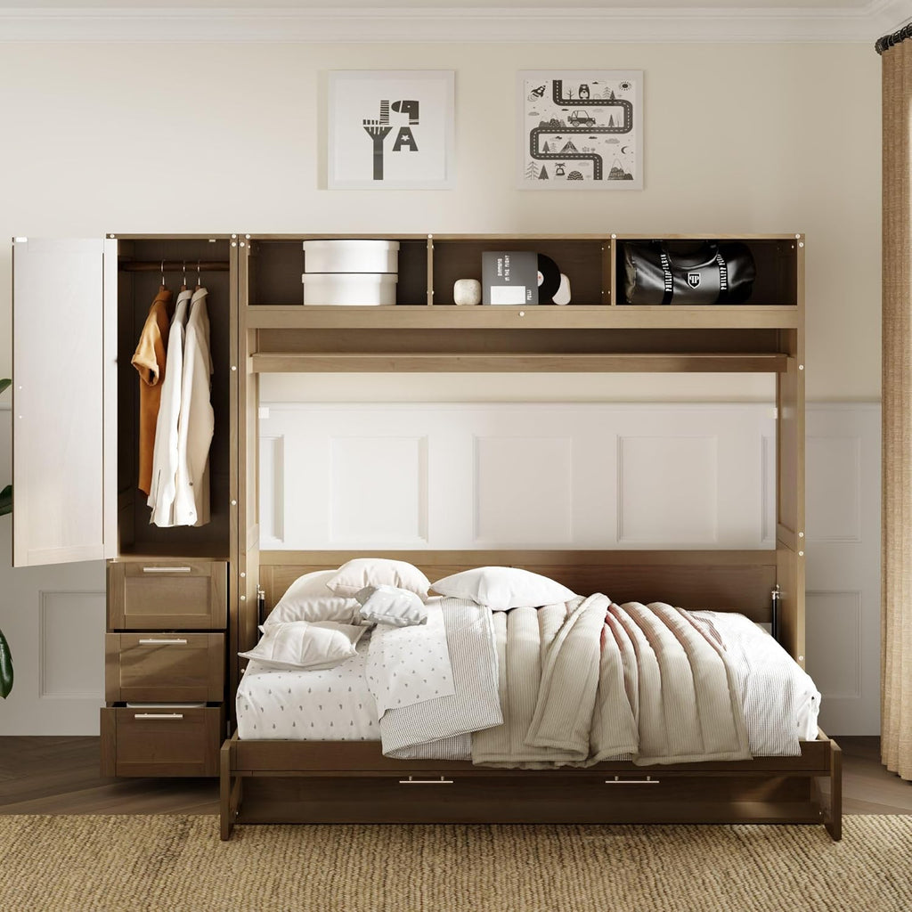 Full Size Murphy Bed Frame with Wardrobe, 3 Drawers and Shelves P729