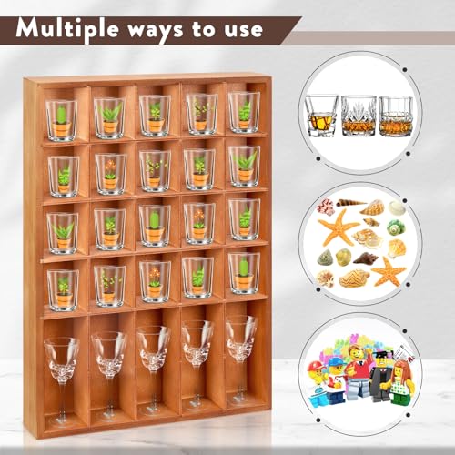 Wall-Mounted Shot Glass Display Case, Wood Holder for 30 Glasses, Black E18118