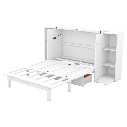 Queen Murphy Bed with Shelves and Storage Drawers, Wood Wall Bed Frame with USB Ports G70577