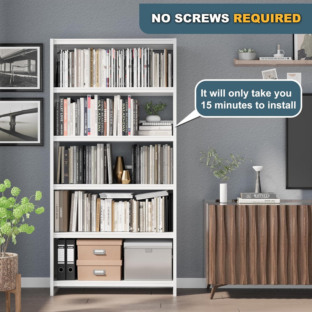 White 5-Tier Metal Bookshelf, 69" Tall Bookcase M91286