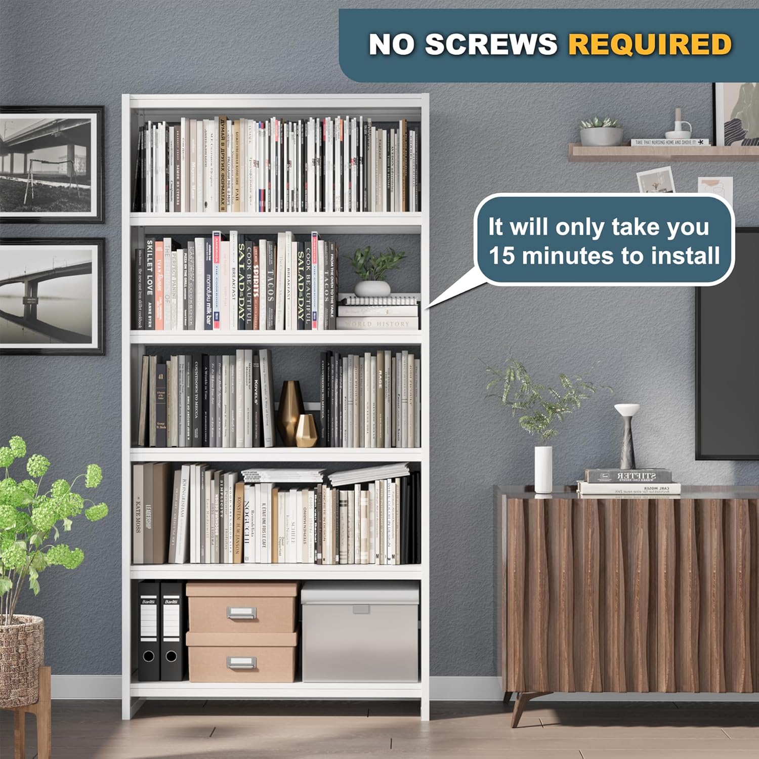 White 5-Tier Metal Bookshelf, 69" Tall Bookcase M91286