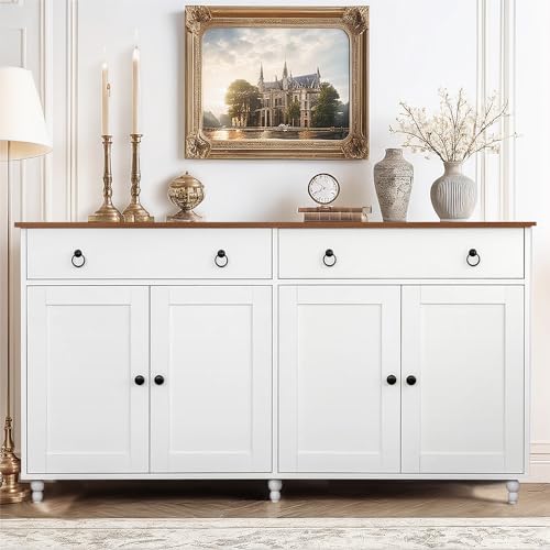 4 EVER WINNER Black Buffet Cabinet with Storage & Gourd Legs, Sideboard Cabinet with 2 Drawers & 4 Doors, Wood Coffee Bar Cabinet Buffet Table for Kitchen, Dining Room