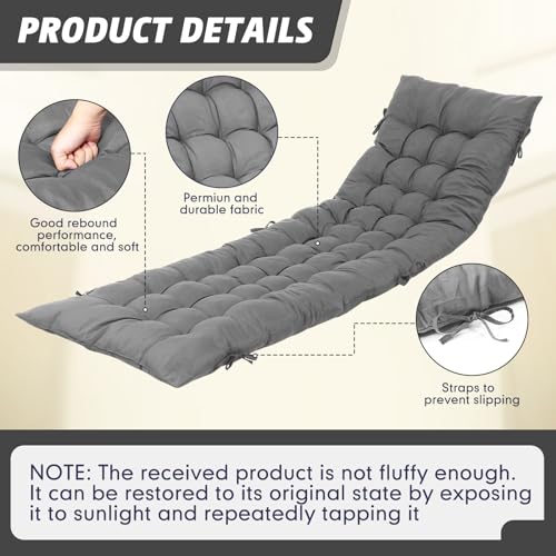 Lounge Chair Cushion 64 x 19 Inch Patio Recliner Pad Gray C2051