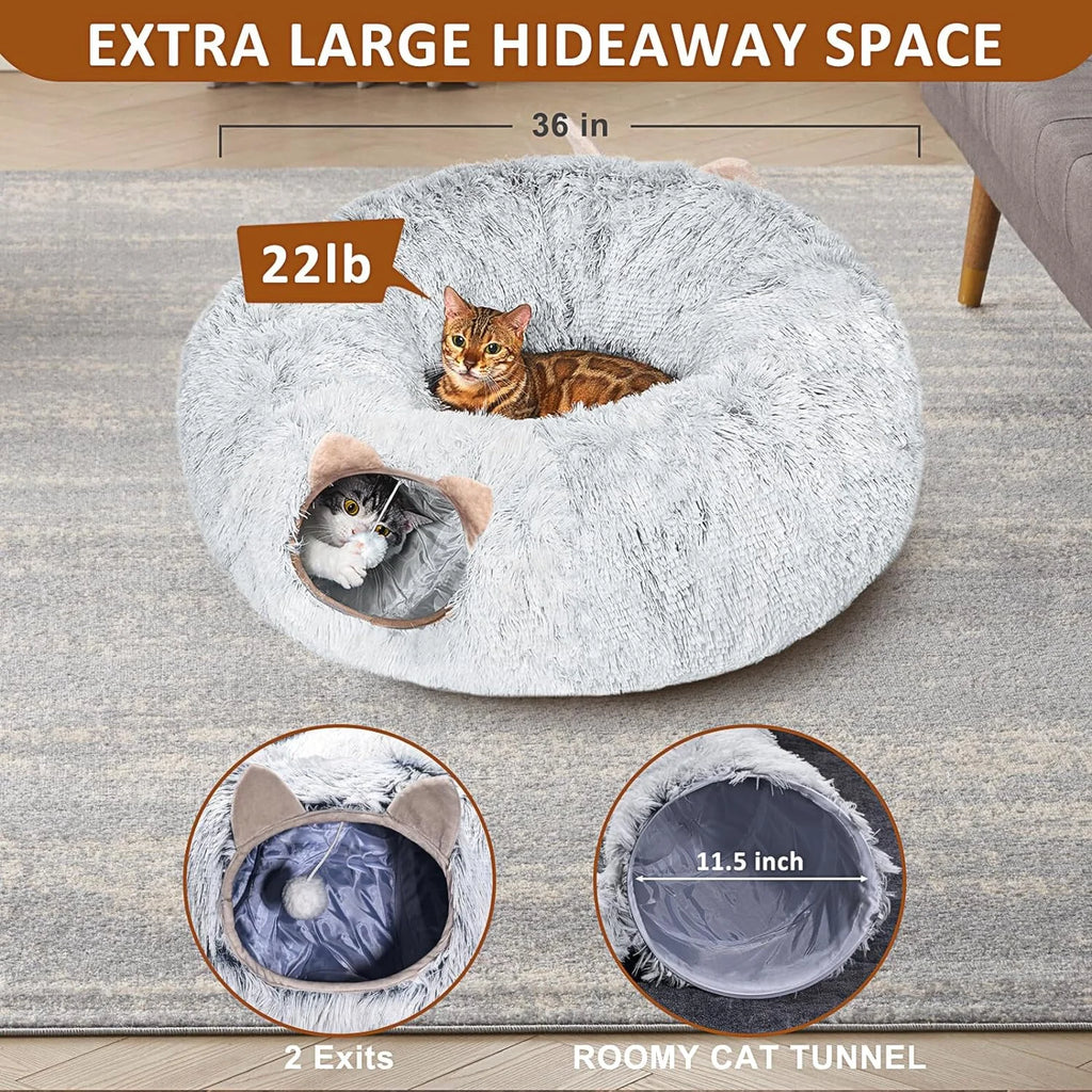 Cat Tunnel with Soft Plush Cat Bed for Indoor Kittens, Grey U77939