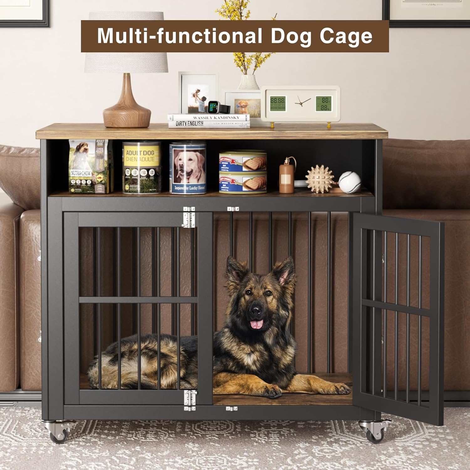 Wooden Dog Crate Indoor with Wheels for Medium and Large Dogs Y48597