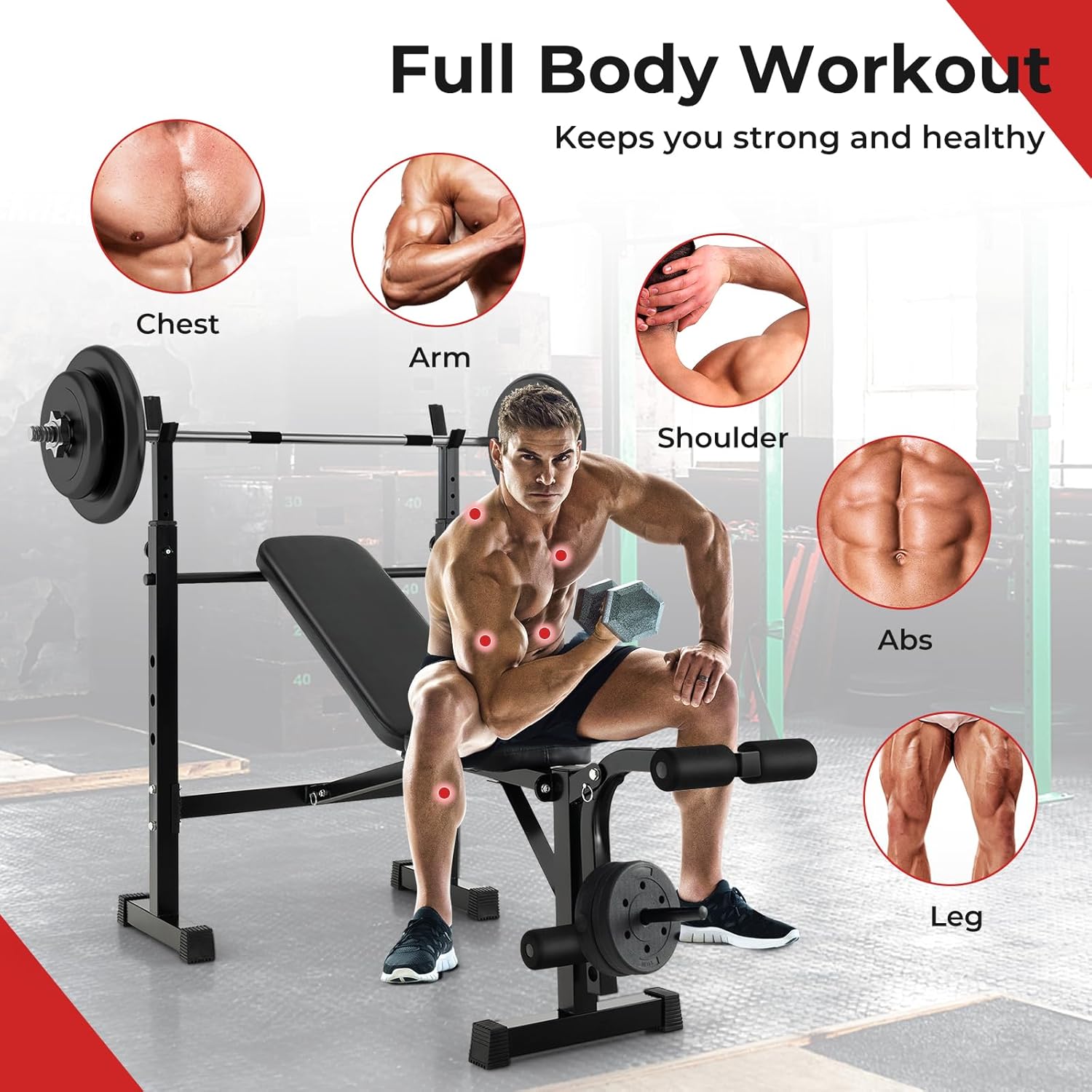 Adjustable Weight Bench with Squat Racks, Leg Extension & Leg Curl for Home Gym I38285