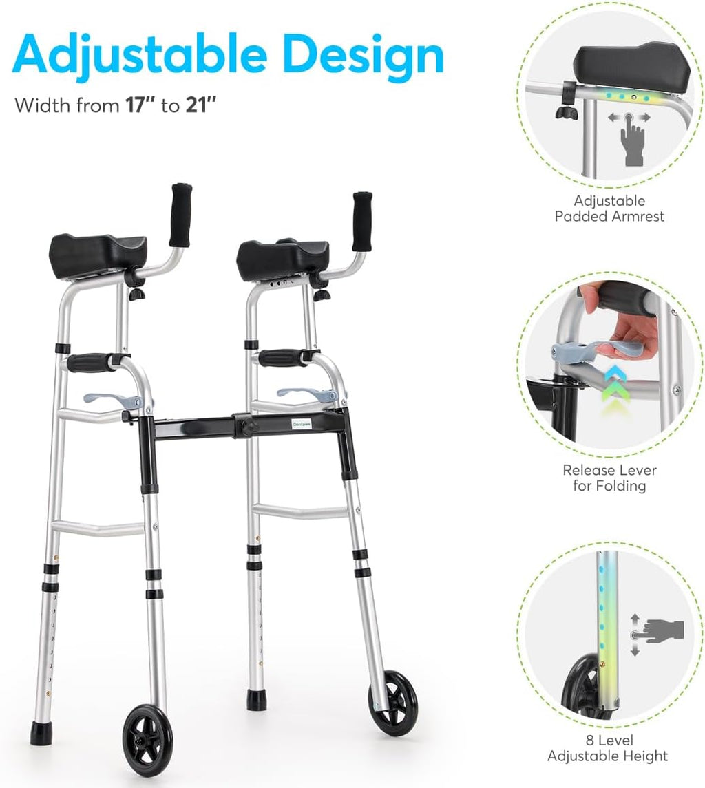 Folding Walker with 5-Inch Wheels and Padded Armrests for Seniors V43358