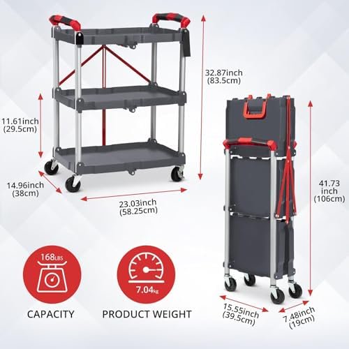 Foldable Utility Cart with Wheels, 3-Tier T7334