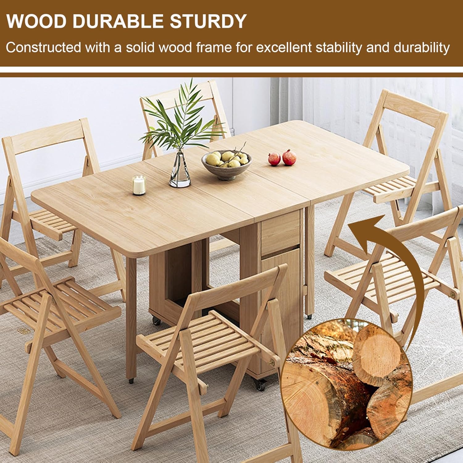 Folding Dining Table with 4 Chairs and Wheels H93552