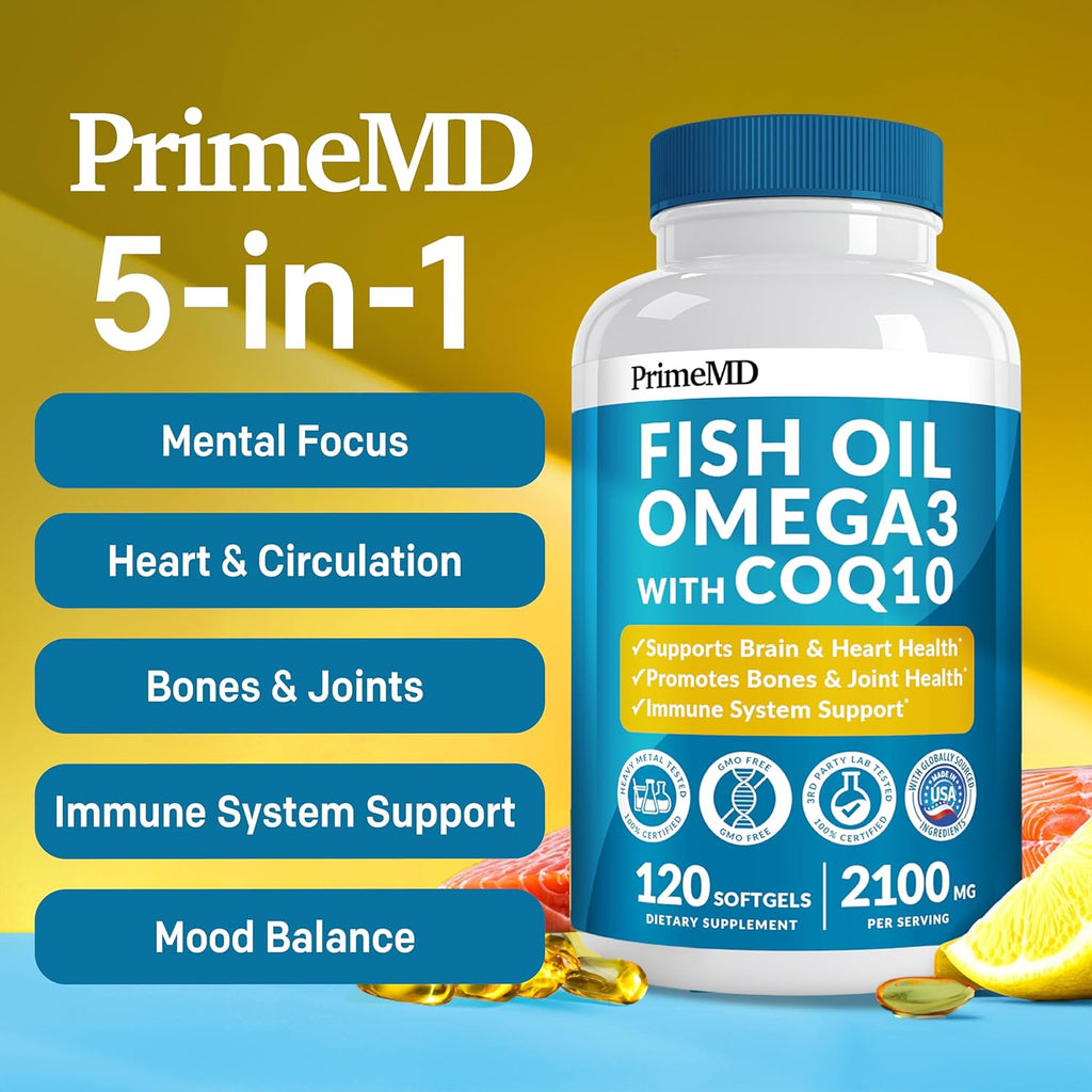 Omega 3 Fish Oil Supplements with Vitamins D3, K2 & CoQ10, Lemon Flavored, 2100mg, 120 Count A213109