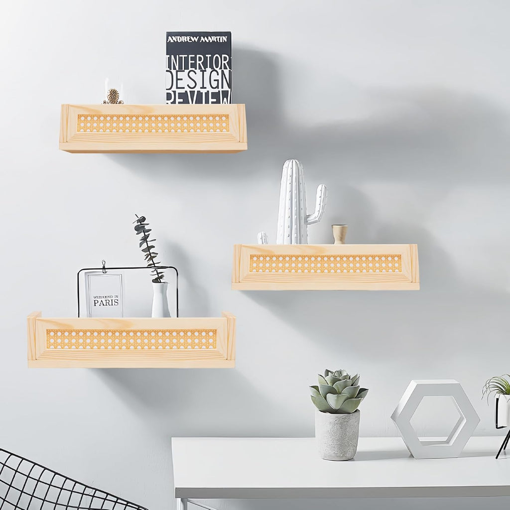 Rattan Wall Shelf Set of 3, Boho Hanging Bookshelves for Kids Room and Nursery U512