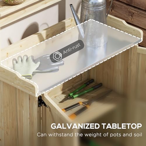 Outdoor Wooden Potting Table with 2 Door Cabinets and Galvanized Top K706