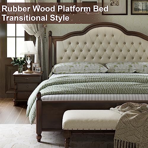 Queen Size Upholstered Platform Bed with Tufted Headboard, Wood Slat Support T634