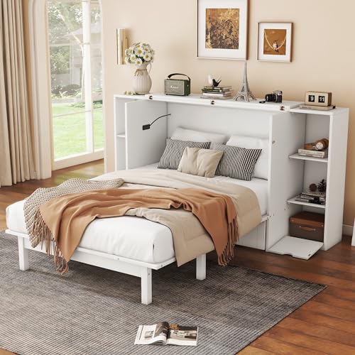 Queen Murphy Bed with Shelves and Storage Drawers, Wood Wall Bed Frame with USB Ports G70577