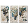 Vintage World Map Canvas Wall Art Large Poster Teal Blue Painting Pictures Artwork Decor for Living Room Bedroom Office Kitchen Decorations 16" x 32" x 3pcs