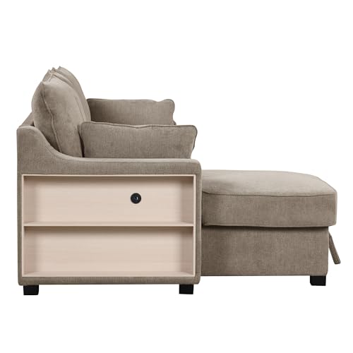 Pull Out Sleeper Sofa Bed with Storage Chaise, L-Shaped, Light Brown G87880