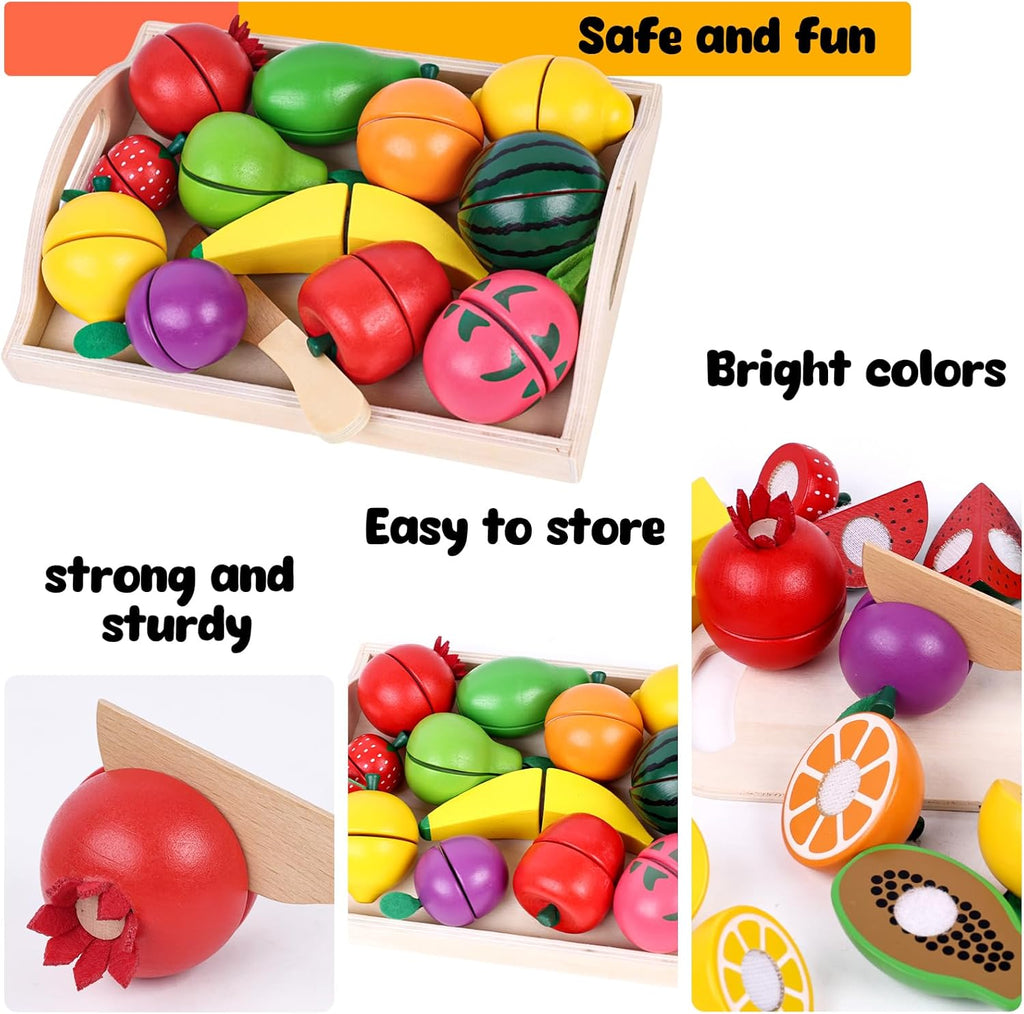 Wooden Play Food Set for Kids Kitchen with Cutting Fruits and Tray G560