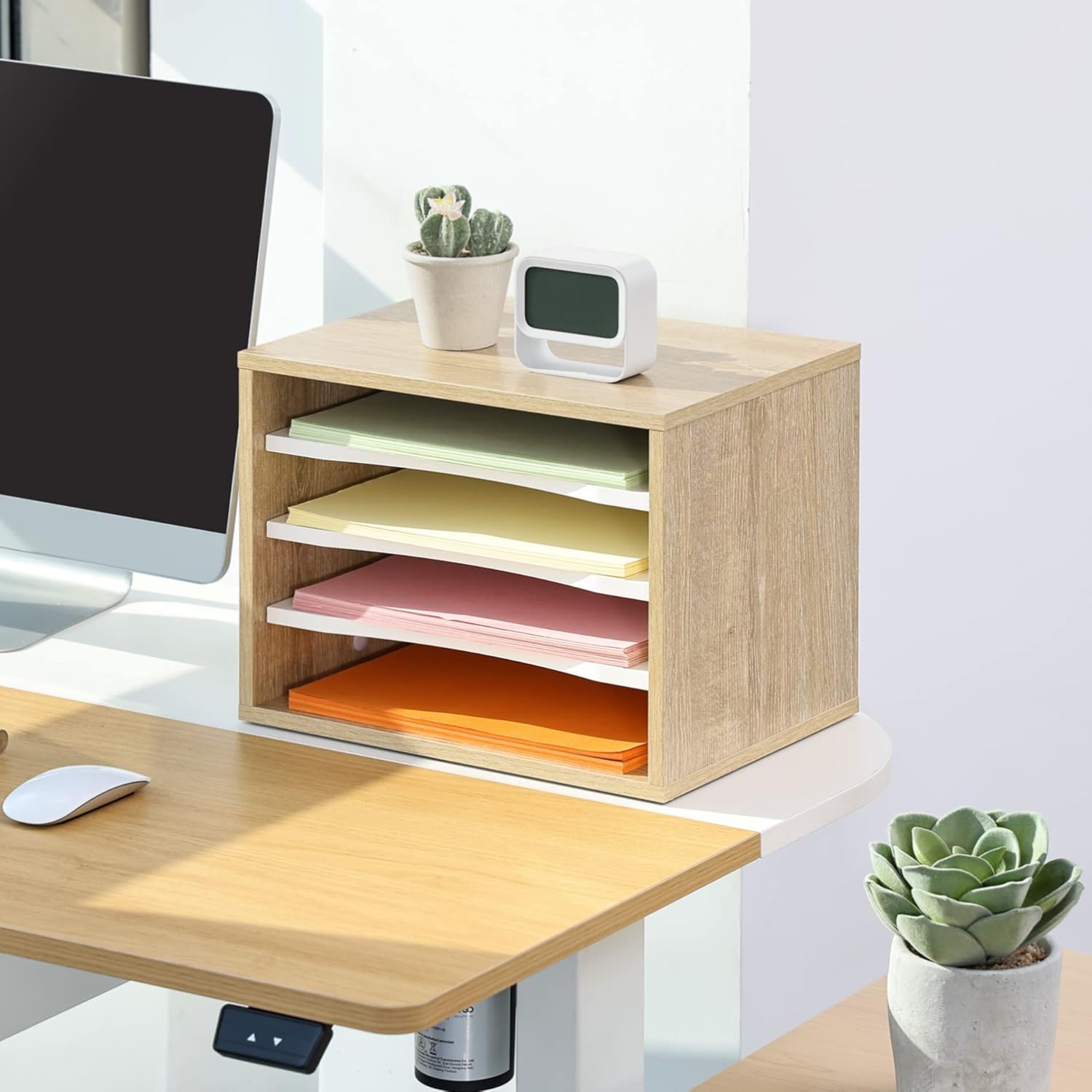 2-Tier Monitor Stand with 4-Tier Desk Paper Sorter, Light Wood E739