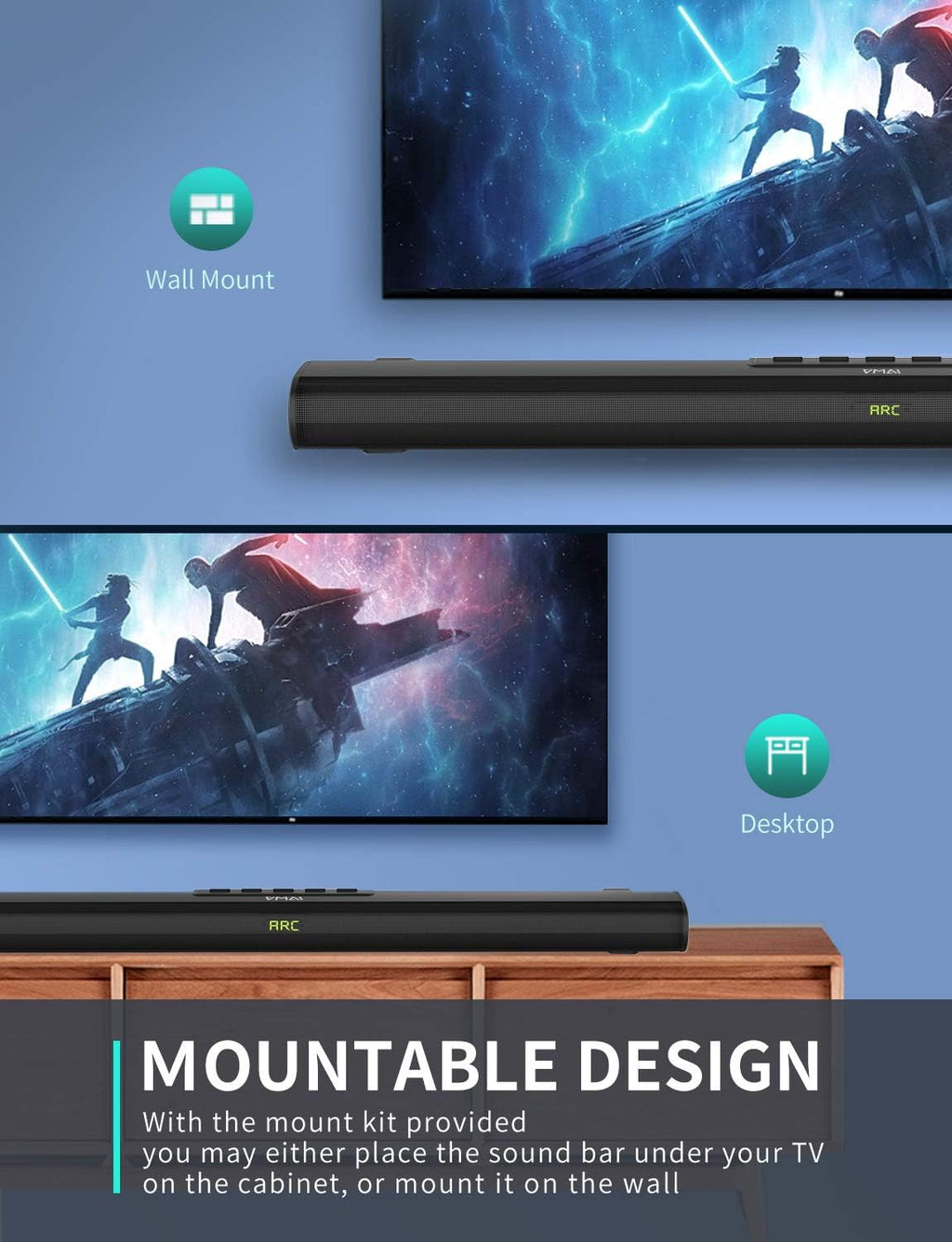 Sound Bar with Built-in Subwoofer, Bluetooth 5.0, HDMI/Optical/Aux/USB, Wall Mountable S317636