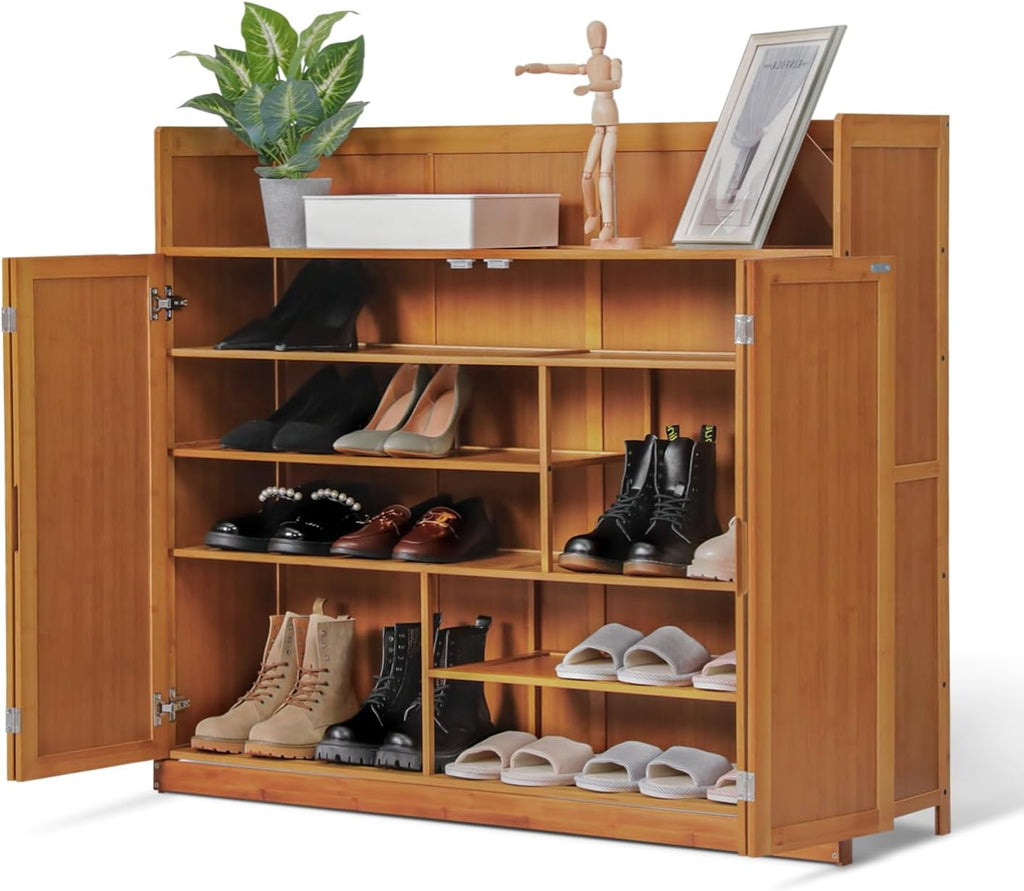 Magshion 5 Tier Bamboo Shoe Cabinet with Doors, Free Standing Shoe Shelf Organizer w/High Baffle, Freestanding Shoe Cabinet Organizer for Convenient Shoe Organization (Brown)