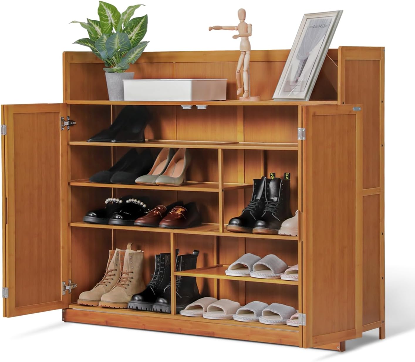 Magshion 5 Tier Bamboo Shoe Cabinet with Doors, Free Standing Shoe Shelf Organizer w/High Baffle, Freestanding Shoe Cabinet Organizer for Convenient Shoe Organization (Brown)